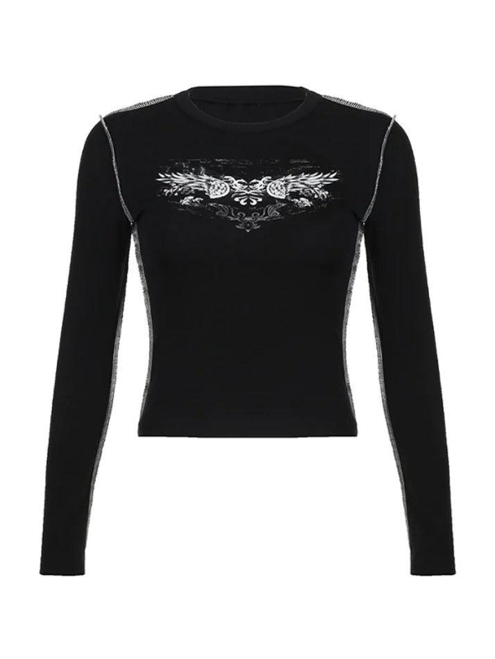 Vintage Wing Print Top-stitching Long Sleeve Knit