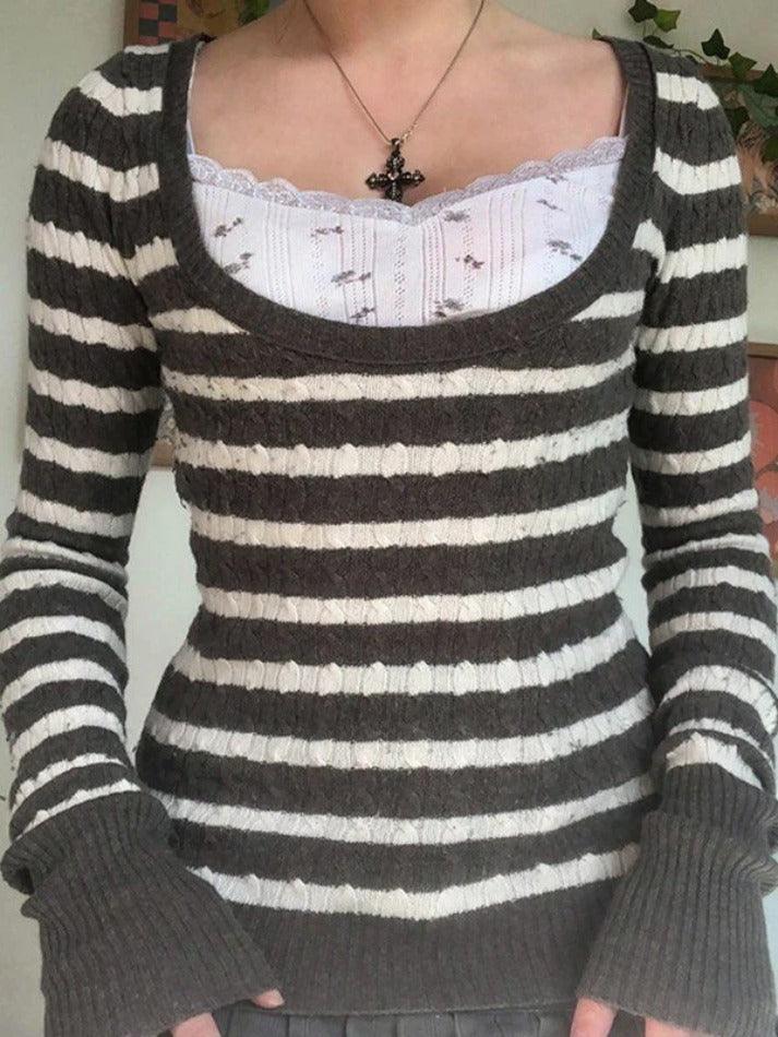Brown Striped Cable Knit Top