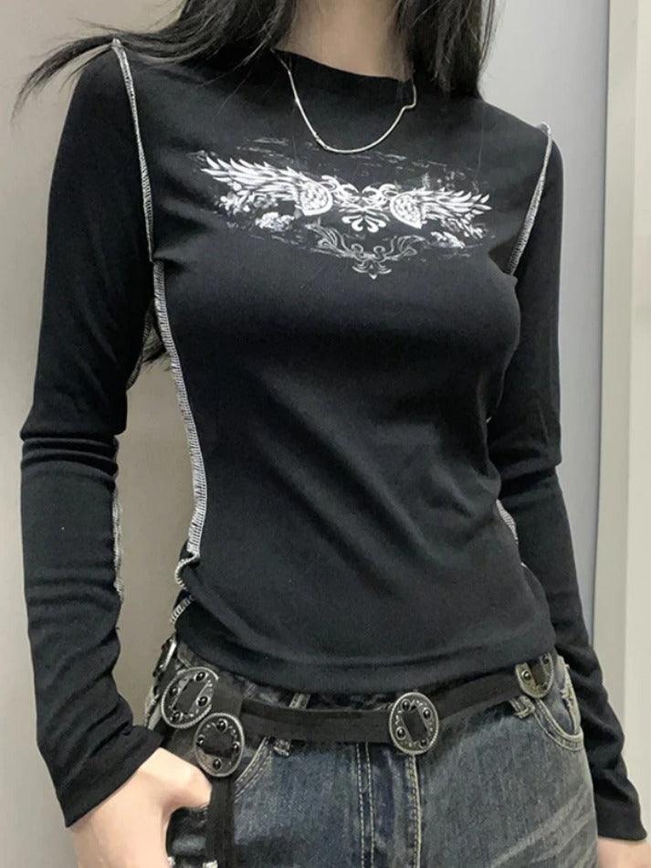 Vintage Wing Print Top-stitching Long Sleeve Knit