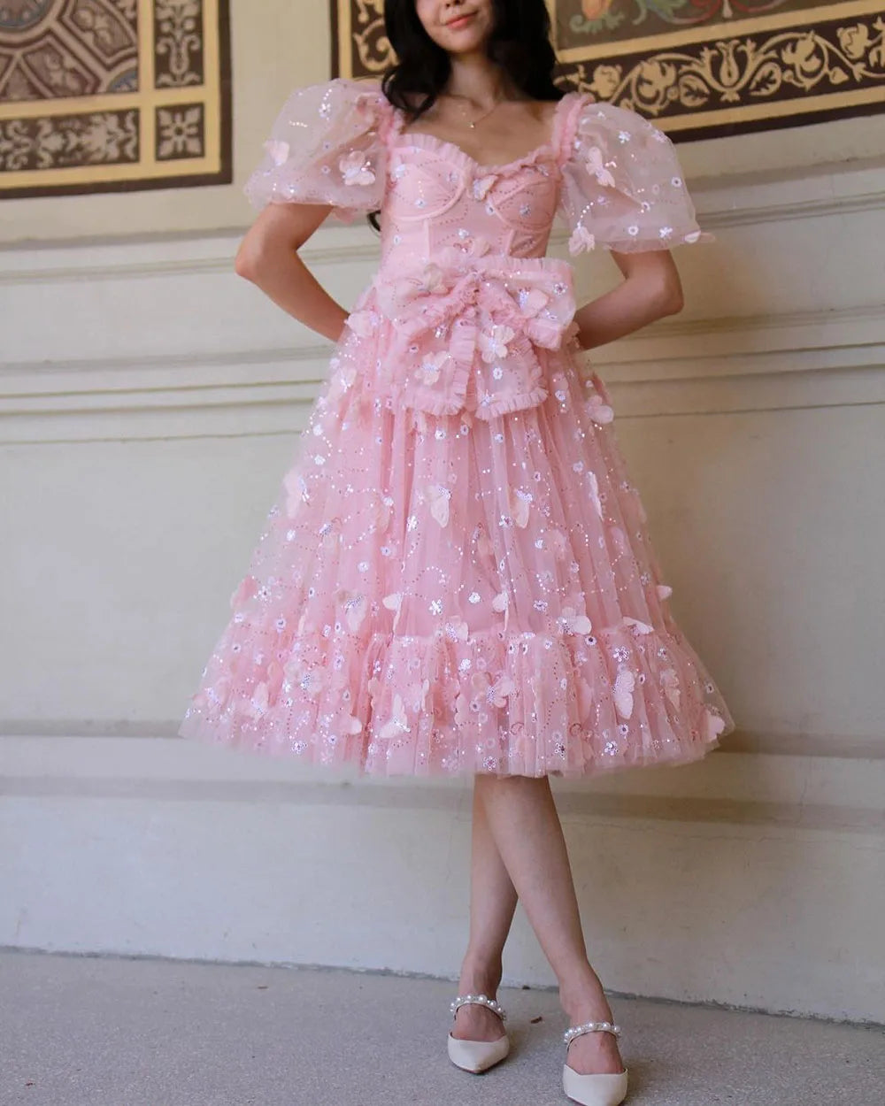 Oklulu  Pink Flower Fairy Prom Dresses Sweetheart Short Sleeves Ruffles Graduation Party Dress Tea length Evening Gowns