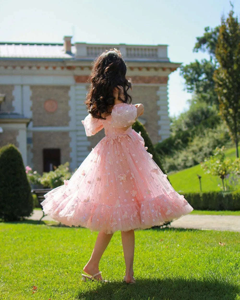 Oklulu  Pink Flower Fairy Prom Dresses Sweetheart Short Sleeves Ruffles Graduation Party Dress Tea length Evening Gowns