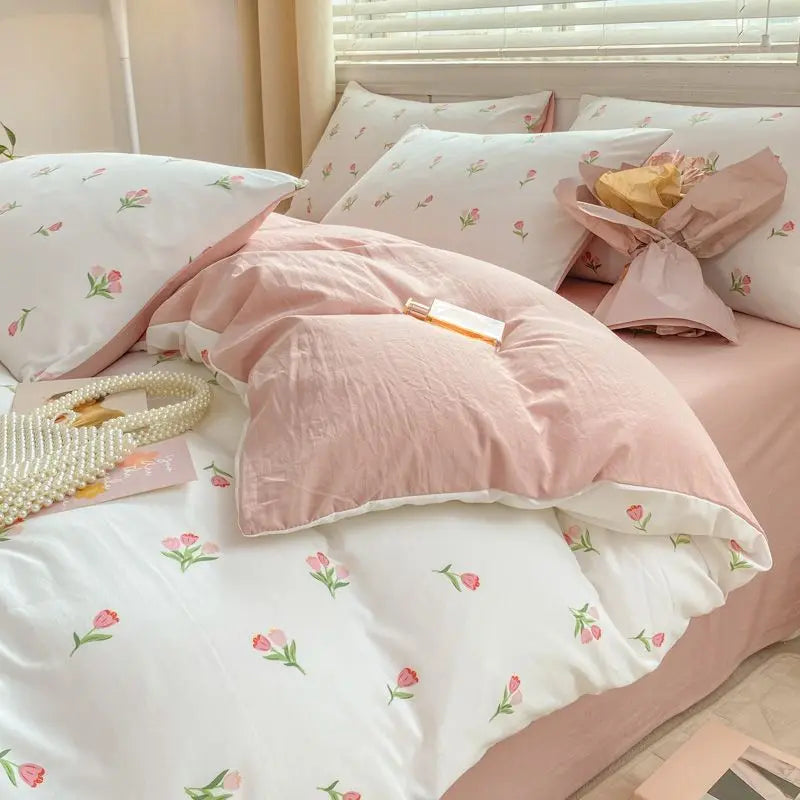 Romantic Tulip Pink Bedding Set Bed Flat Sheet Pillowcase Twin Full Queen Princess Style Bed Linen Kids Girls Floral Duvet Cover