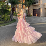 Oklulu  Pink Princess Prom Dresses Ruffles Sweetheart Long Birthday Party Dresses Short Sleeves Graduation Gowns for Girls