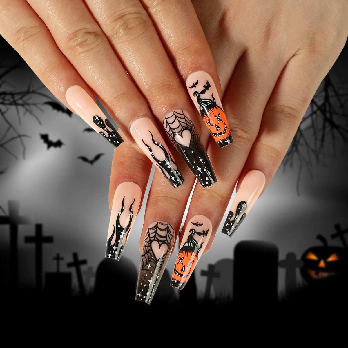 24Pcs Halloween False Nails Mid-length Fake Nails with Rhinestone Ghost Pumpkin Design Press on Nails Wearable French Nail Tips