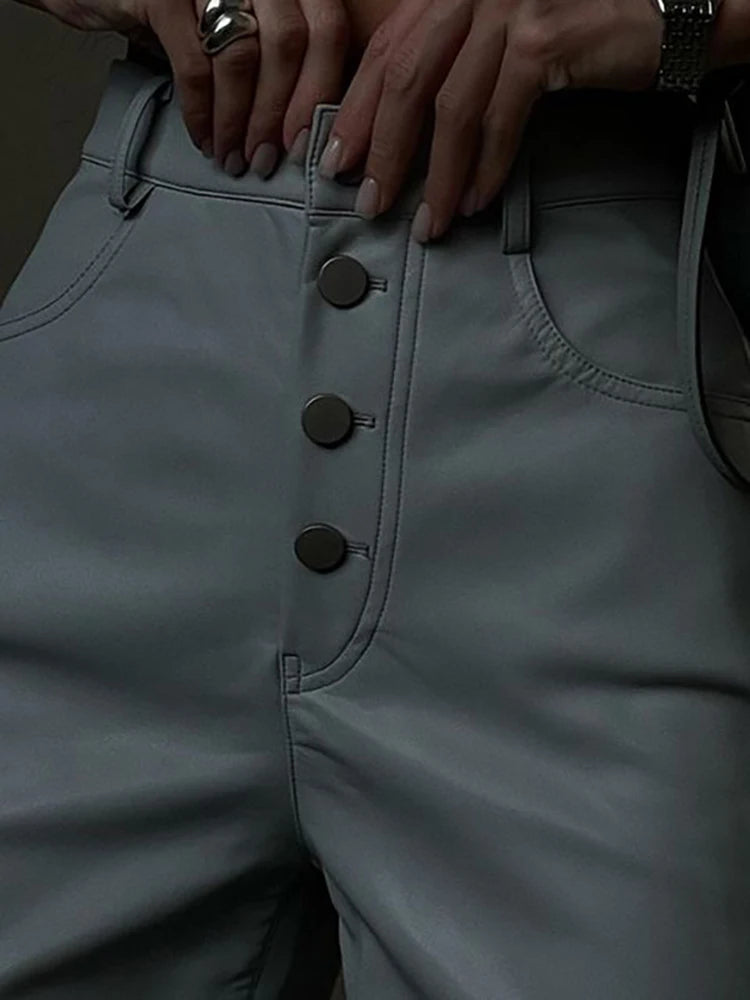 Oklulu  Fashion White PU Leather High Rise Pants Street wear Casual Button Up Straight Leg Pants for Women Trousers Pants
