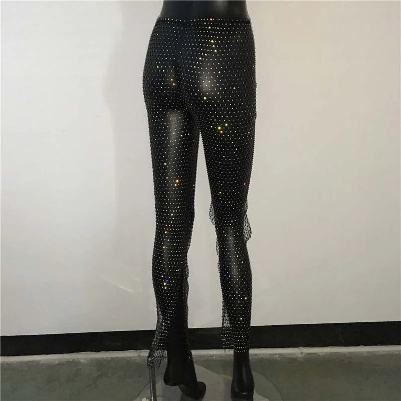 Oklulu Crystal Diamond Shiny Women Pants Sexy Hollow Out See Through Fishnet Elastic Trousers Fashion Summer Beach Party Club Pant