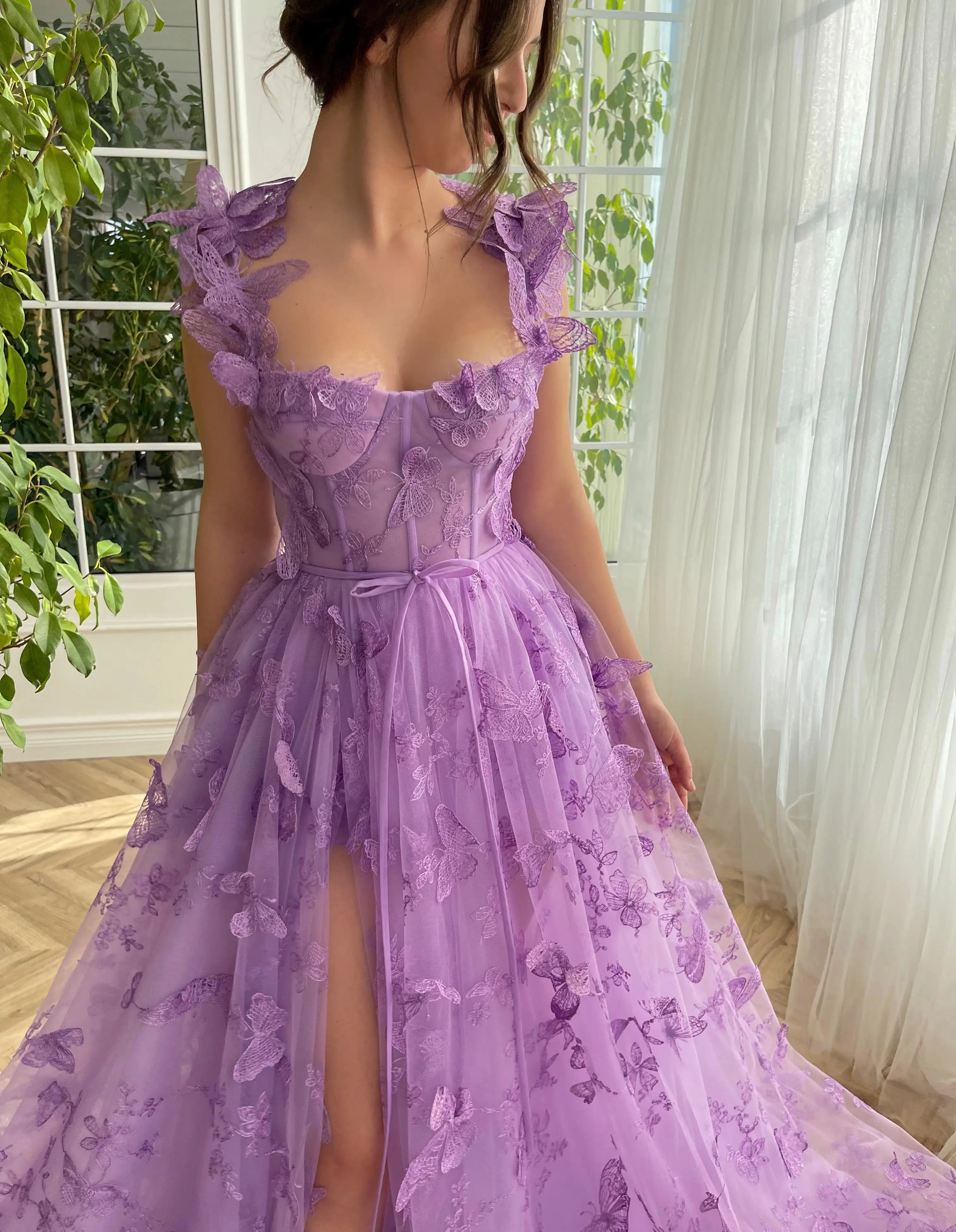 Oklulu Lilac Lace Prom Dresses  Butterfly Spaghetti Straps Sweetheart A Line with Pocket Belt Hi-lo Corset Zipper Back Evening Gown