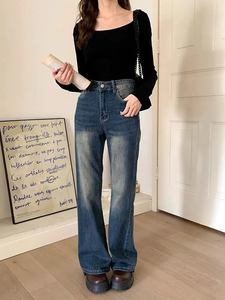 Oklulu  Autumn New Vintage Washed Chic Flare Loose Women Jeans Basic High Waist Slim Fashion Simple Casual Straight Female Jeans