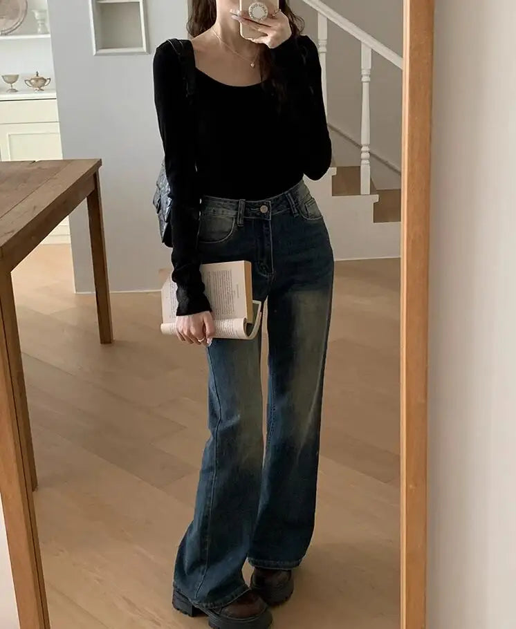 Oklulu  Autumn New Vintage Washed Chic Flare Loose Women Jeans Basic High Waist Slim Fashion Simple Casual Straight Female Jeans