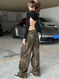 Oklulu  Leopard Print Pants Women Y2K High Waist Multiple Pockets Vintage Trousers Streetwear Hip Hop Loose Wide Leg Cargo Jeans