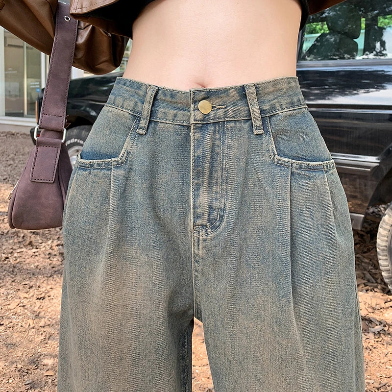 Oklulu Retro American Do Old Basic Simple Woman Jeans New Loose Slim Chicl Woman Jeans High Waiste Fashion Street Pants Female