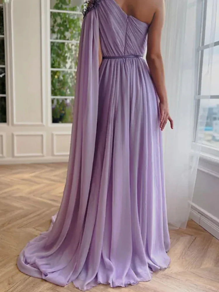 Oklulu Purple Chiffon One Shoulder Sleeve Evening Dress Luxury Lilac Floor-Length  A-Line Elegant Formal Party Dress Women Prom Gown