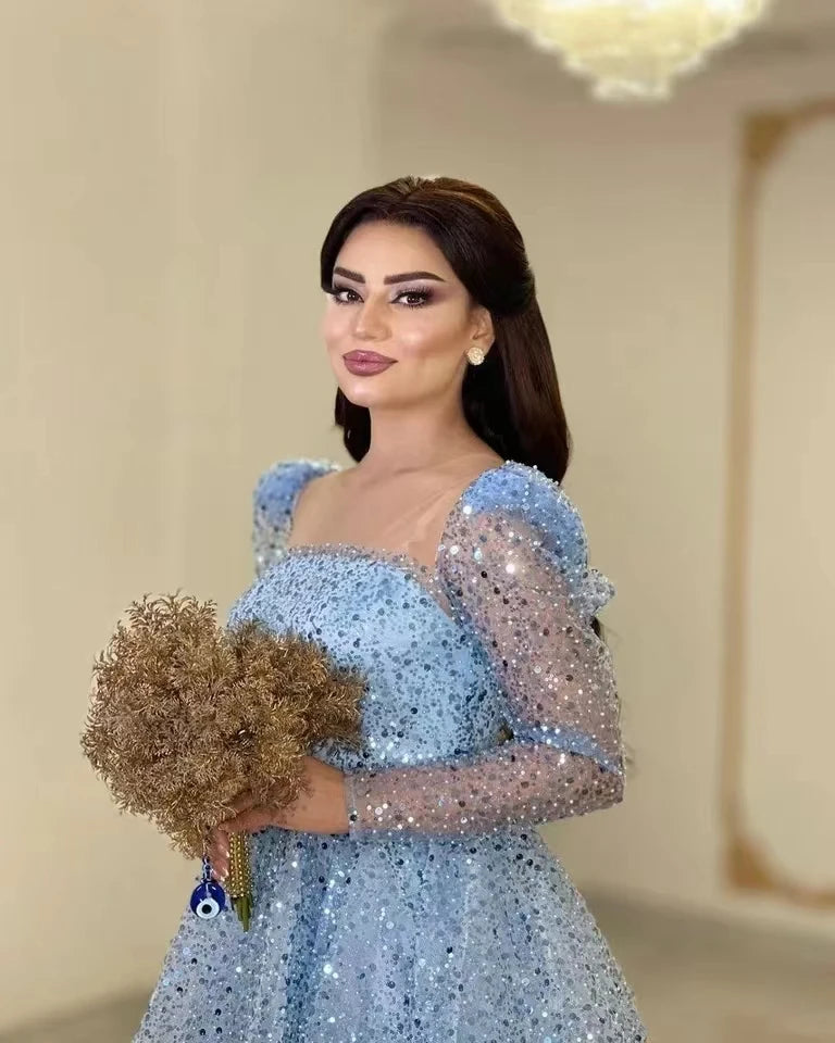 Oklulu  Shiny Glitter Sequin Blue Prom Party Dresses Long Sleeves Tea Length Dubai Arabic Women Formal Occasion Gowns