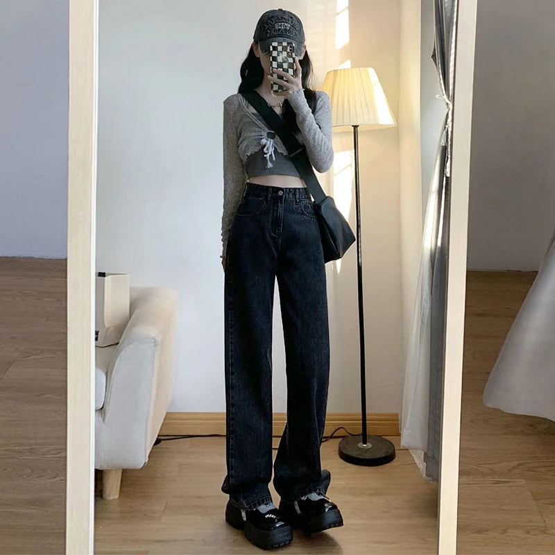 Oklulu  High Waiste Jeans Y2K Fashion Women Clothing Blue Black Straight Leg Denim Pants Trousers Mom Jean Baggy Trousers Tall