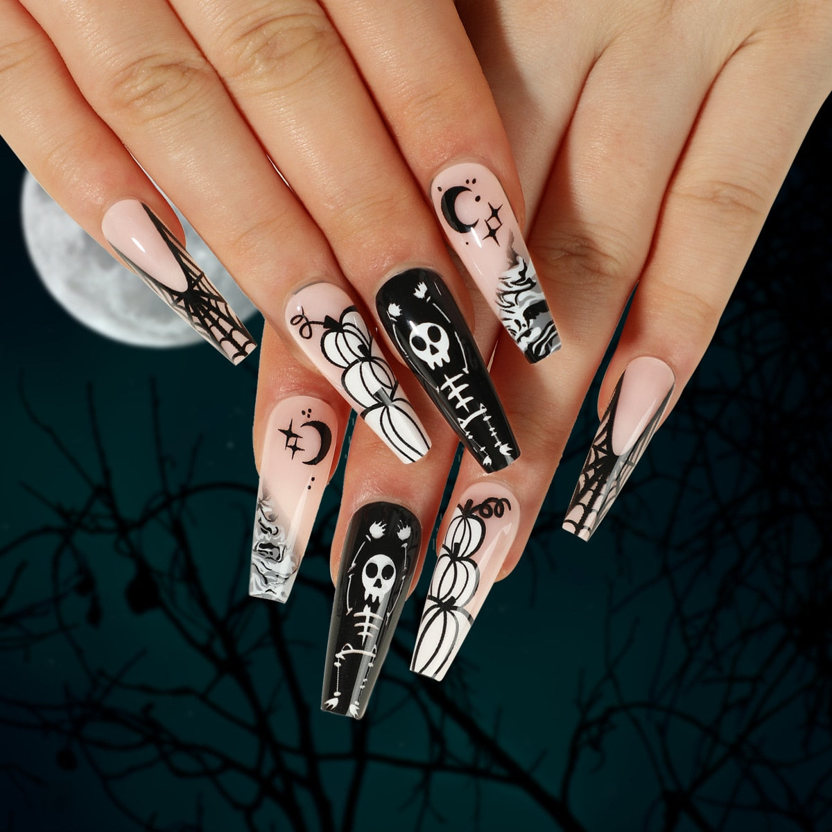 24Pcs Halloween False Nails Mid-length Fake Nails with Rhinestone Ghost Pumpkin Design Press on Nails Wearable French Nail Tips