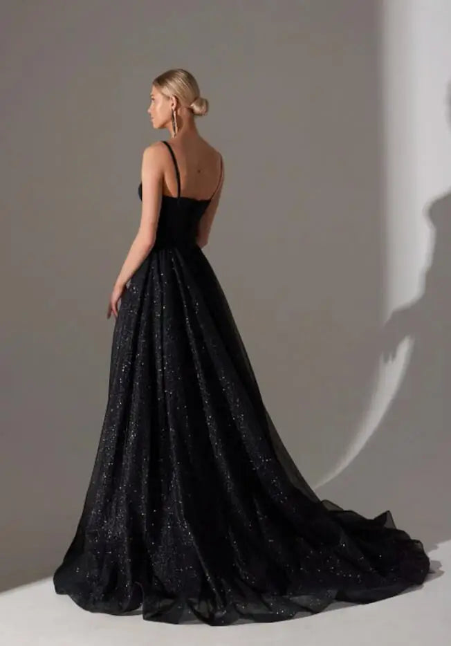 Oklulu Gold Black Evening Dresses Glitter Tulle Sparkly Bling Long Sweep Train Sweetheart Spaghetti Strap A Line Formal Party Prom Gown