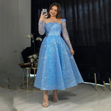 Oklulu  Shiny Glitter Sequin Blue Prom Party Dresses Long Sleeves Tea Length Dubai Arabic Women Formal Occasion Gowns