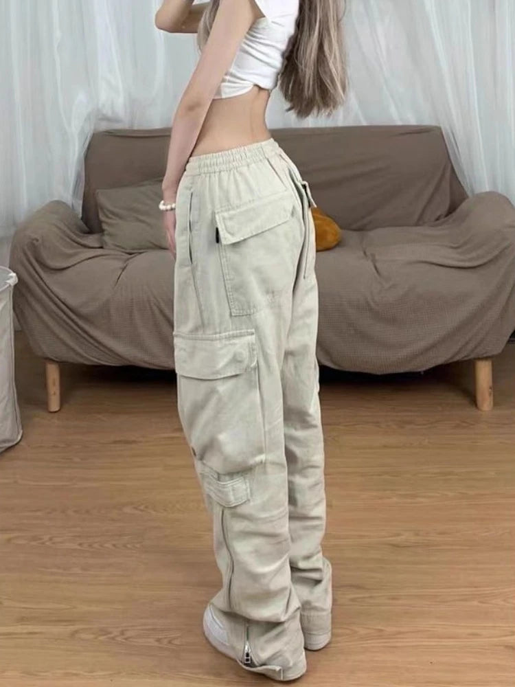 Oklulu  Y2k Big Pocket Cargo Pants Women Street wear Straight Wide Leg Trousers Vintage Design Side Zipper Drawtring Baggy Pants