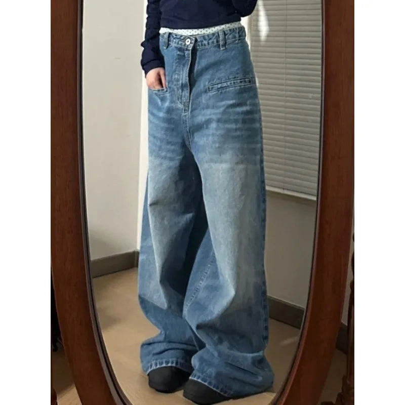 Oklulu Vintage Y2k Jeans Spring 2024 Woman Oversize Denim Pants Korean Style Fashion Harajuku Streetwear Wide Leg Trousers