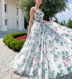 Sweet Flower A-line Vestidos De Noche Silk Chiffon Princess Sleeveless Prom Dress With Pocket