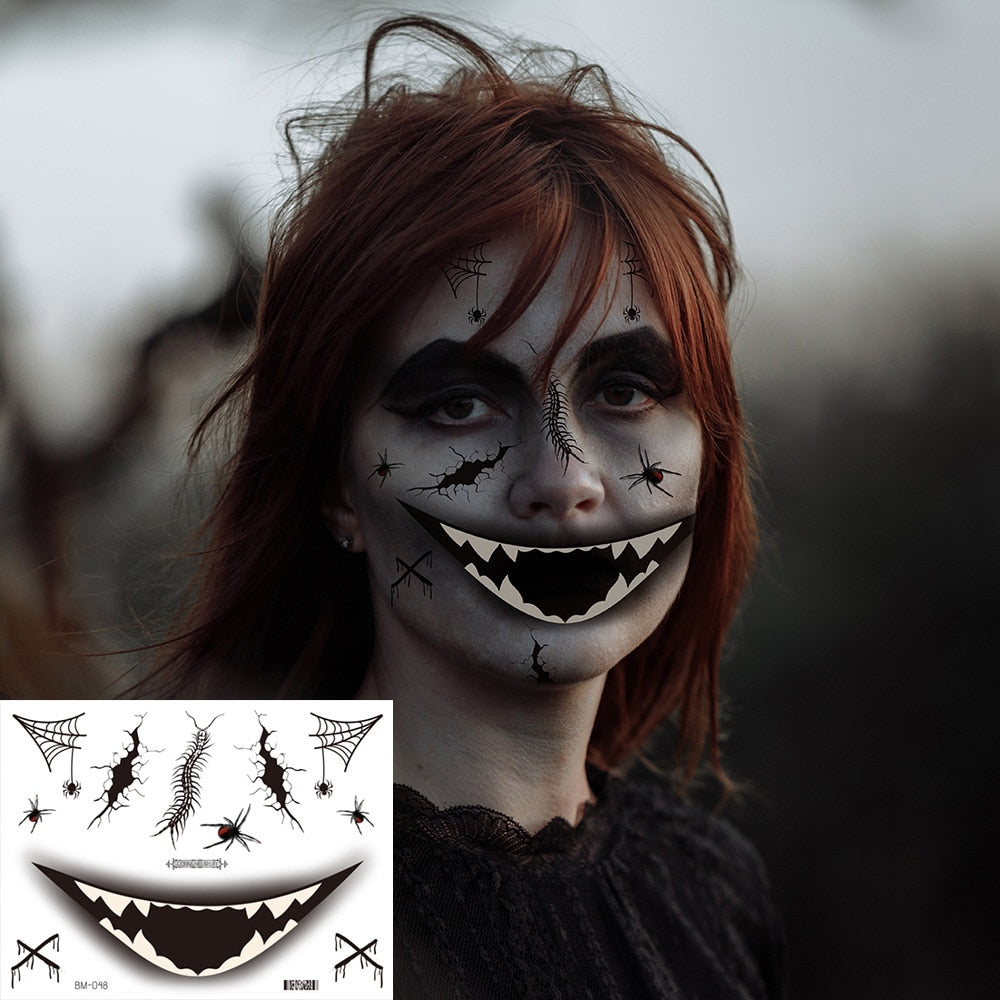 Halloween Face Makeup for Women Men Big Mouth Temporary Tattoo Stickers Disposable Funny Fake Tattoo Waterproof for Saints' Day