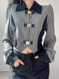 Oklulu Y2k Aesthetic T-shirts Women Metal Buckle Design Crop Top Ladies Long Sleeve  Patchwork Hot Girl Slim Tees