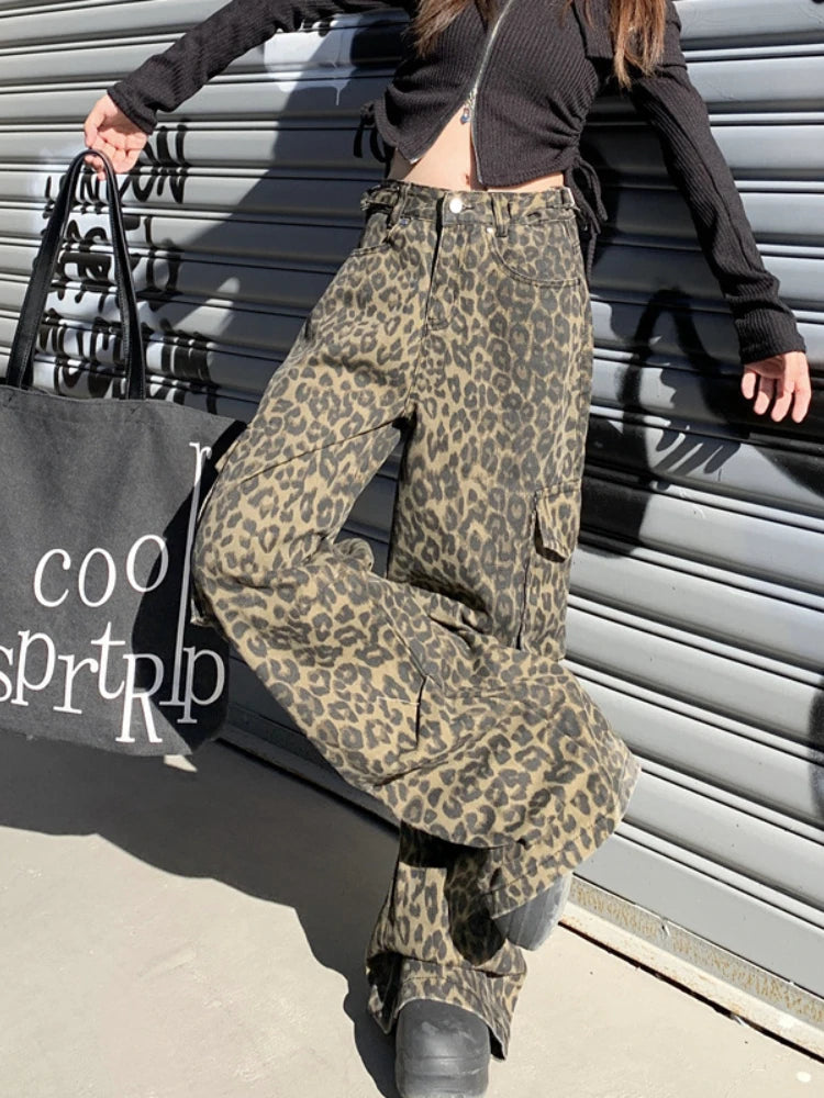 Oklulu  Leopard Print Pants Women Y2K High Waist Multiple Pockets Vintage Trousers Streetwear Hip Hop Loose Wide Leg Cargo Jeans
