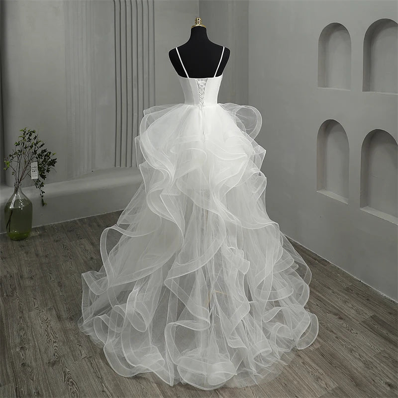 Oklulu New Short Front Long Back Gothic White Wedding Dresses Spaghetti Straps Deep V Neck High-low Bridal Gowns Custom Color