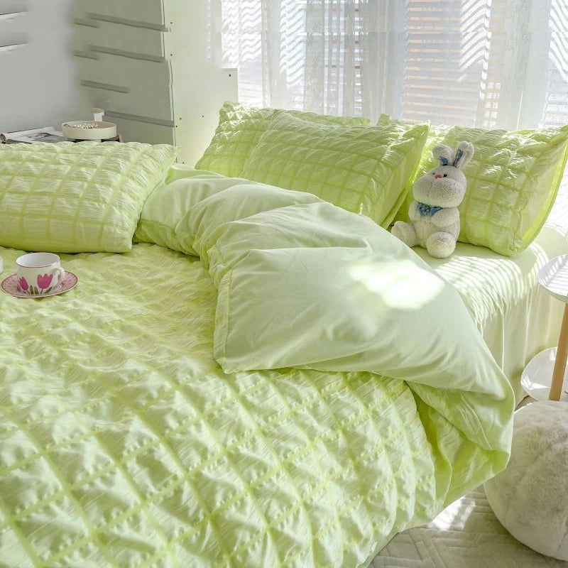 Oklulu-Home Seersucker Washed Cotton Bed Four-piece Ins Wind Maiden Heart Quilt Set Sheet Dormitory Three-piece Set