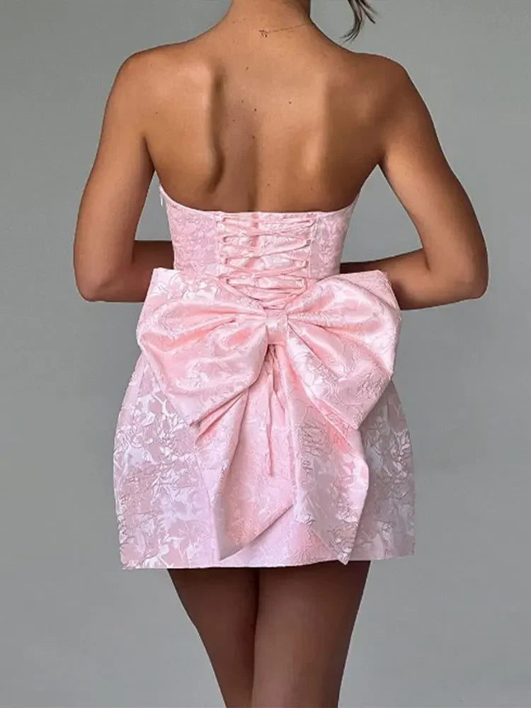Satin Lace Print Sleeveless Bow Embellished Short Dress Elegant Backless Off Shoulder Female Mini Dresses Banquet Party