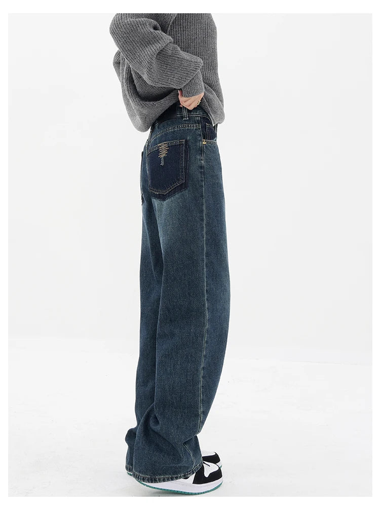 Oklulu Blue Jeans For Women High Waist Vintage Straight Baggy Denim Pants Streetwear American Style Fashion Wide Leg Denim Trouser