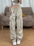 Oklulu  Y2k Big Pocket Cargo Pants Women Street wear Straight Wide Leg Trousers Vintage Design Side Zipper Drawtring Baggy Pants