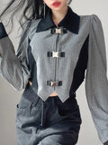 Oklulu Y2k Aesthetic T-shirts Women Metal Buckle Design Crop Top Ladies Long Sleeve  Patchwork Hot Girl Slim Tees