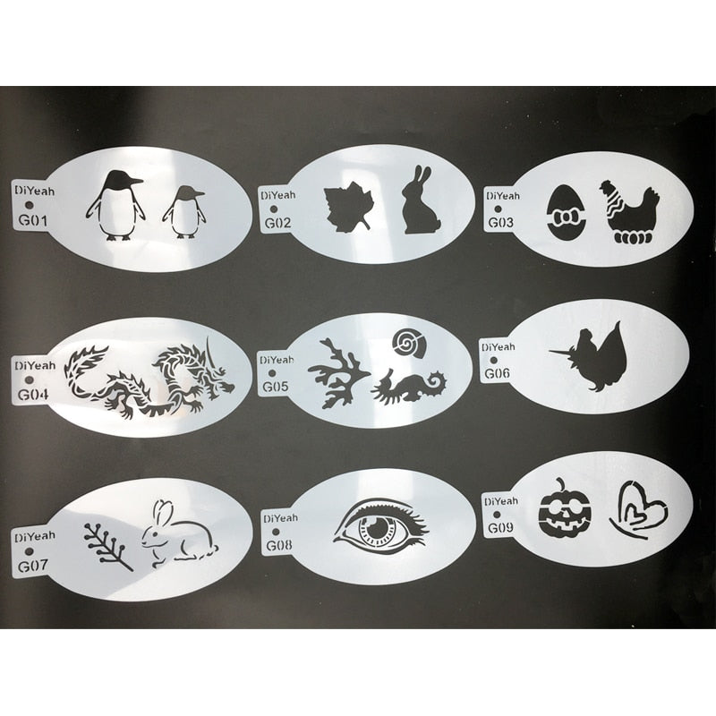 9PCS Stencils for Body Painting Face Art Halloween Birthday Party DIY Makeup Stamps Temporary Tattoos Reusable Stencils Plastics