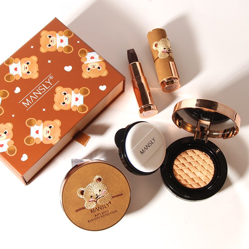 Lucky Cute Bear Makeup Set Three-color Velvet Lipstick Oil Control Air Cushion BB Cream Concealer Foundation Natural Cosmetics