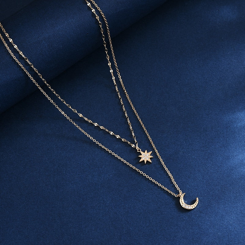 Double Layer Simple Stars Choker Shiny Zircon Moon Pendants Necklaces Girl Gift Fine Jewelry NK092