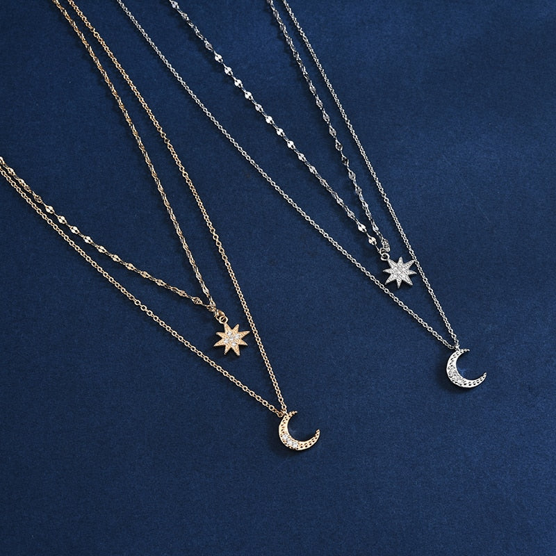 Double Layer Simple Stars Choker Shiny Zircon Moon Pendants Necklaces Girl Gift Fine Jewelry NK092
