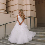 OKLULU Princess Elegant White One-Line Neck Card Shoulder and Floor Floral Open Back A-Line Tutu Ball Dress Lace Wedding Dress