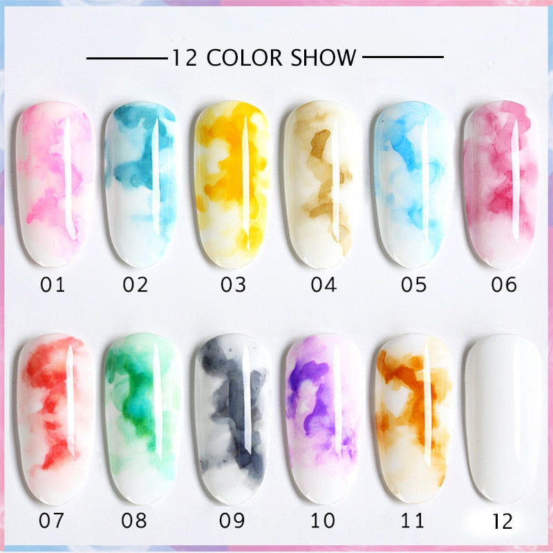 12 Color Quick-drying Watercolor Ink Nail Polish Bloom Gel Smoke Effect Magic Smudge Foam DIY Varnish Manicure Decoration TSLM1