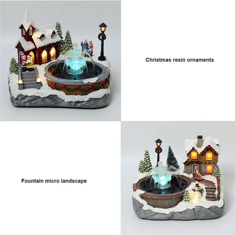 Water Fountain LED Luminous Music Christmas Village Ornaments Santa Claus Snow House Figurine Xmas Tree New Year Home Decoration