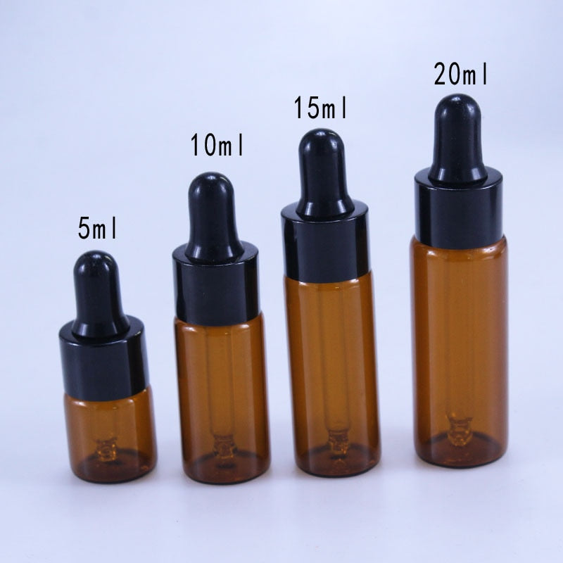 50pcs/lot 5ml 10ml 15ml 20ml Amber Glass Dropper Bottle Jars Vials With Pipette For Cosmetic Perfume Essential Oil Bottles