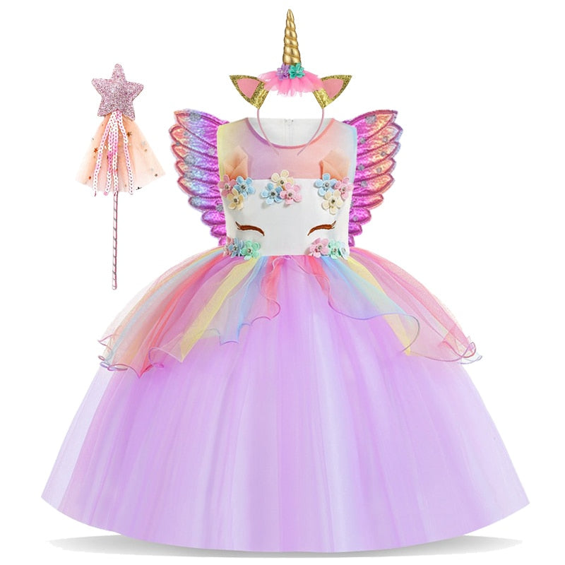 Unicorn Girls Knee Dress Kids Birthday Party Princess Lolita Costume for Halloween Christmas Children Ball Stage Disfraz Mujer