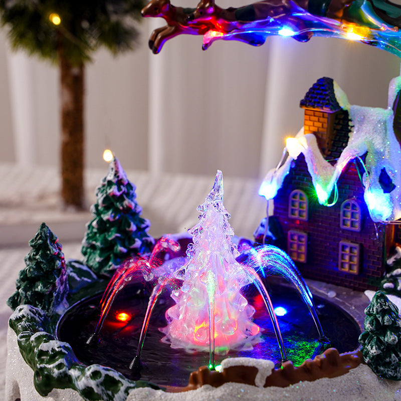 Water Fountain LED Luminous Music Christmas Village Ornaments Santa Claus Snow House Figurine Xmas Tree New Year Home Decoration