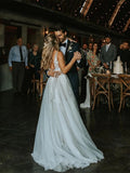 Two Straps V-neck Exposed Boning Grey Tulle Wedding Dress Boho A-line Backless Elegant Floral Appliques Sexy Bridal Dress