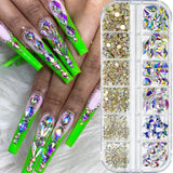 12Girds 3D Glitter Crystal Nail Rhinestones Multi Color Mixed Size AB Flatback Gems DIY Nail Art Decorations Diamond Accessories