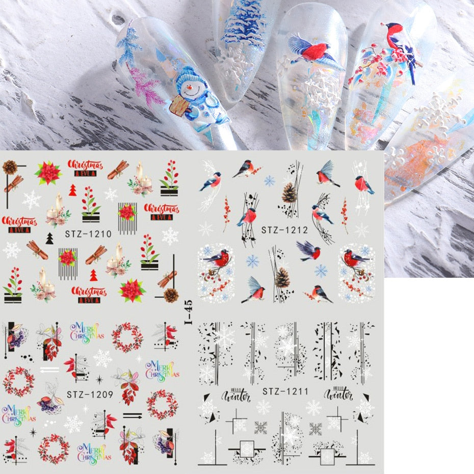 4pcs Xmas Nail Stickers Snowflake Bird Penguin Santa Elk Sliders for Winter New Year Design Flower Water Transfer Decor SAI44-49