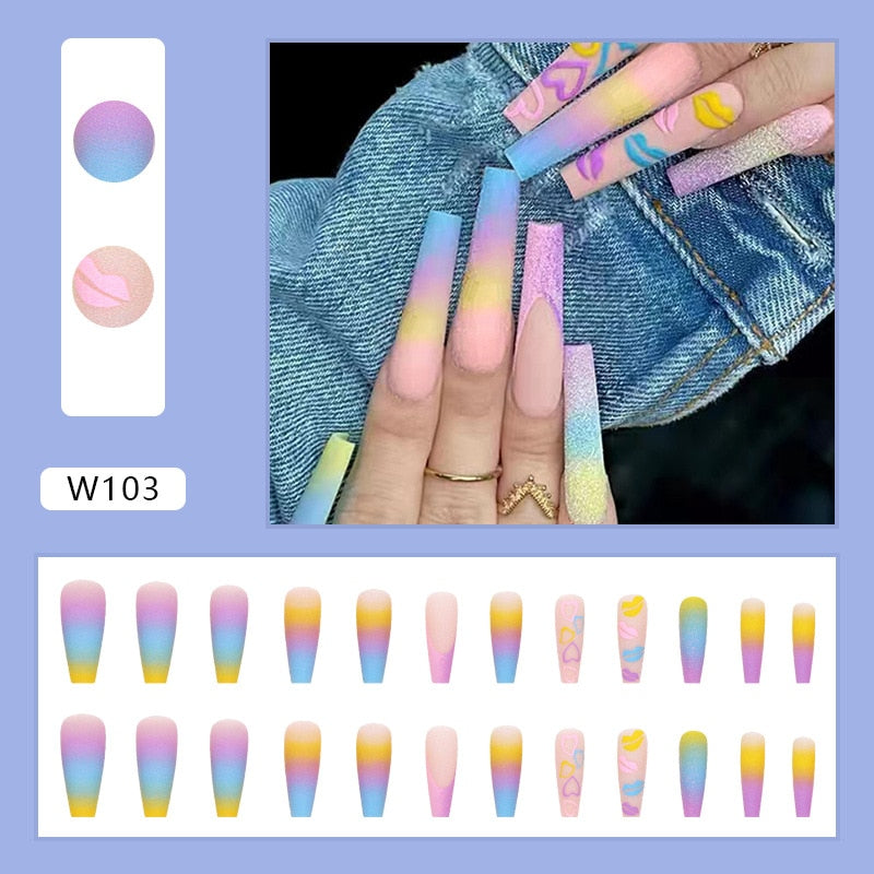 24pcs Rainbow Ombre Coffin Nail Tips Kit With Glue Heart/Month Wear Long Irised Fake Press On Nail Tool For Nails Decoration Tip