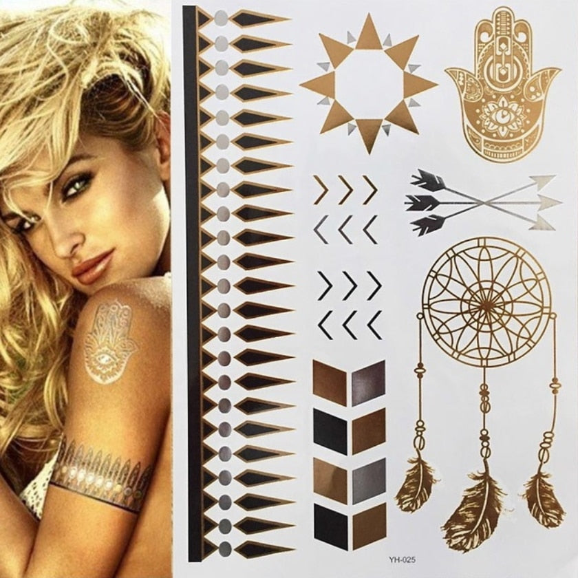 Flash Metallic Waterproof Temporary Tattoo Gold Silver Tatoo Women Henna Mandala Flower Lace Taty Indian Arabic Tattoo Sticker