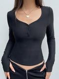 Solid V Neck Breasted Long Sleeve Tee