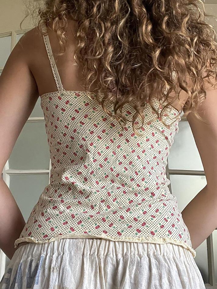 Cherry Print Bow Embellished Lace Tank Top